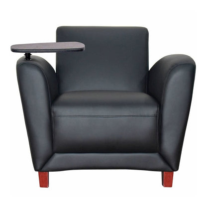 Lorell Accession Club Chair with Tablet Tray - Black Seat Color - Leather Seat Material - Four-legged Base - 1 Each