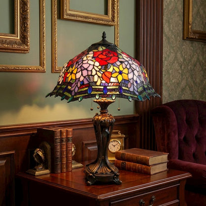 CARRELL Tiffany-style 3 Light Roses Table Lamp 20" Shade