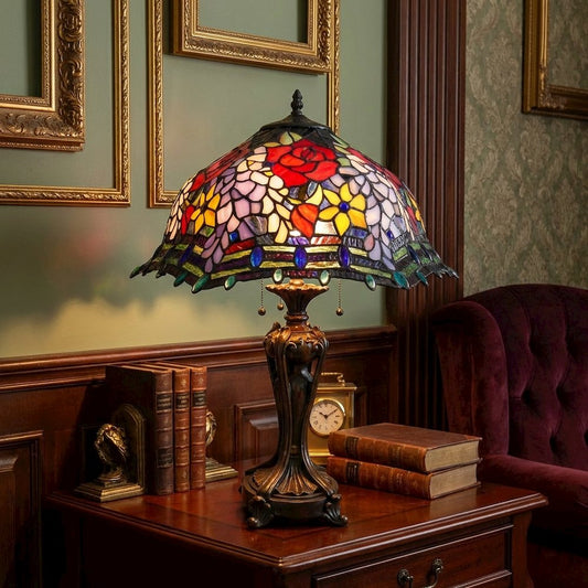 CARRELL Tiffany-style 3 Light Roses Table Lamp 20" Shade