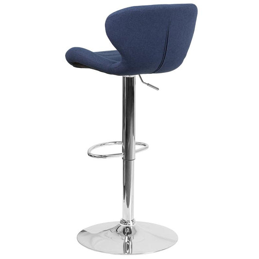 Blue Fabric Adjustable Height Barstool with Curved Back and Chrome Base