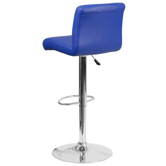 Blue Vinyl Adjustable Height Barstool with Rolled Seat and Chrome Base