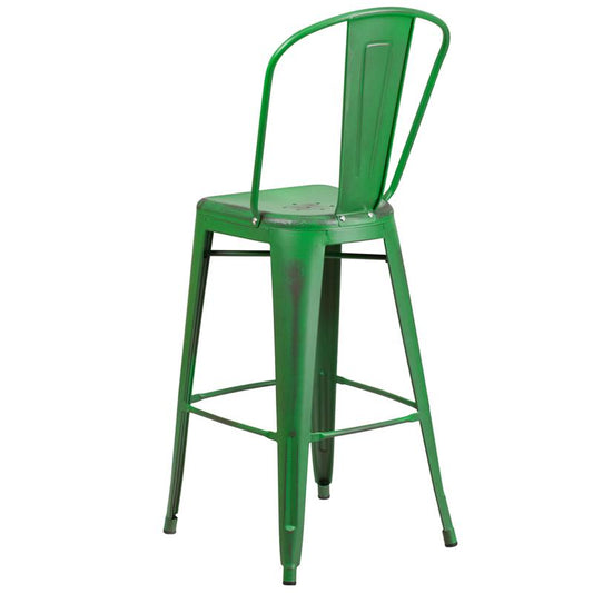 30" High Distressed Green Metal Indoor-Outdoor Barstool with Back