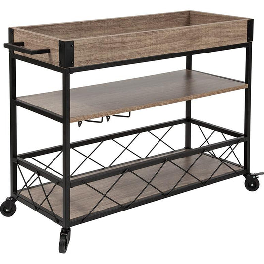 Distressed Light Oak Wood and Iron Kitchen Serving and Bar Cart