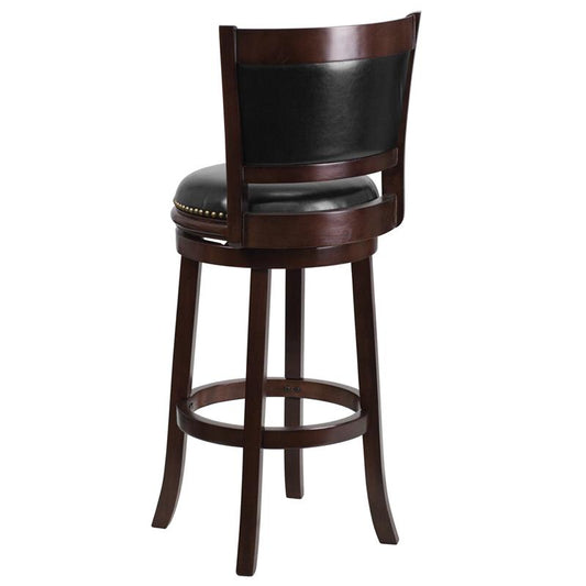 29'' High Cappuccino Wood Barstool with Panel Back and Black Swivel Seat