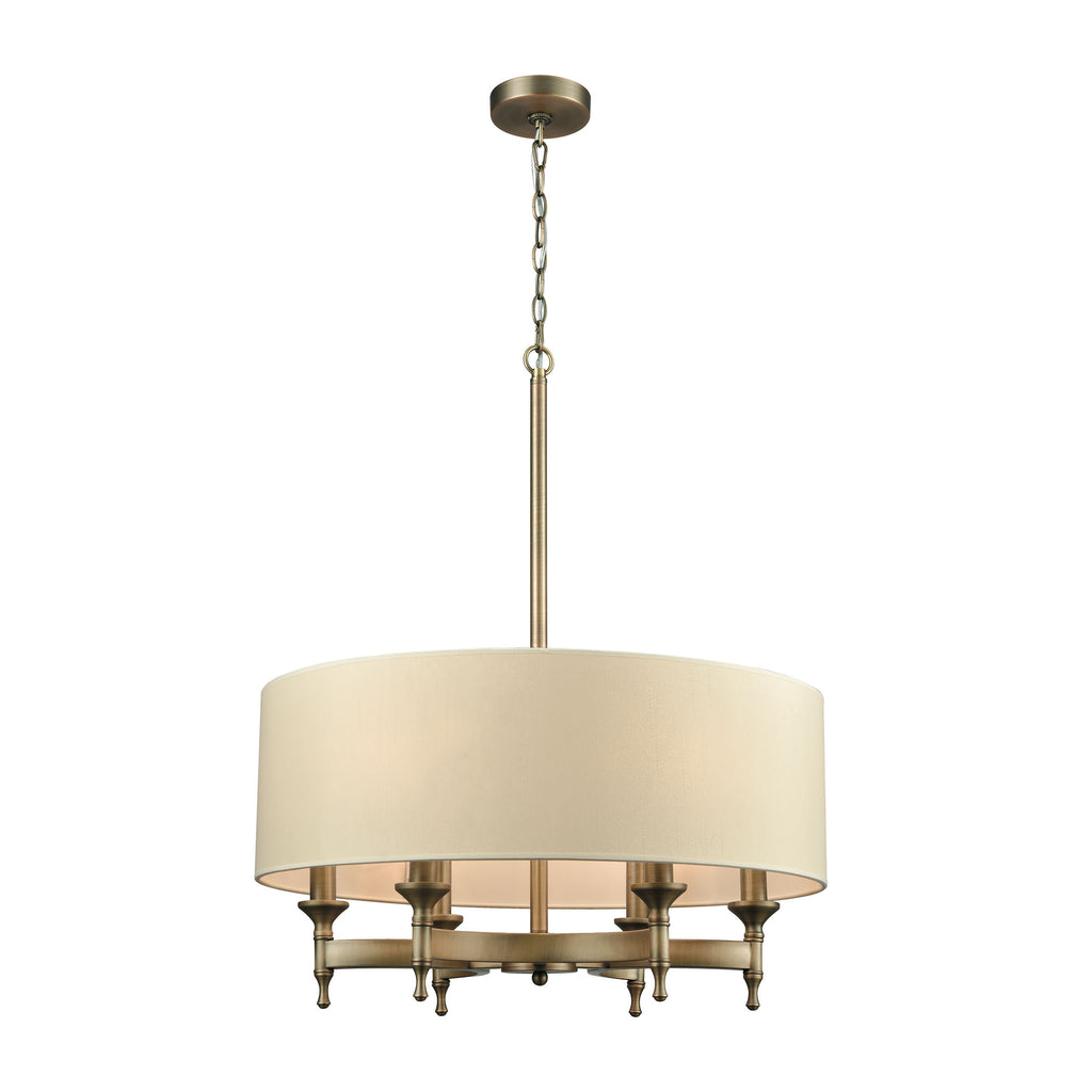 Pembroke 6 Light Chandelier in Brushed Antique Brass with A Light Tan Fabric Shade
