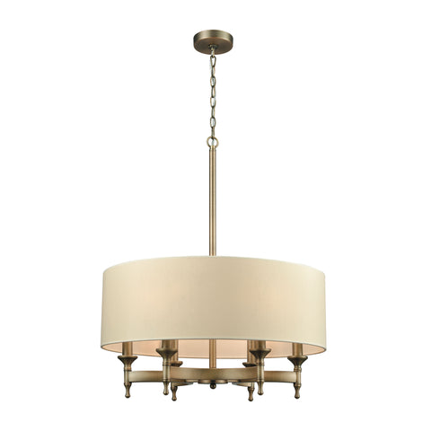 Pembroke 6 Light Chandelier in Brushed Antique Brass with A Light Tan Fabric Shade