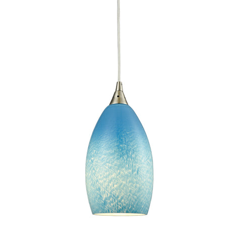 Earth 1 Light Pendant in Satin Nickel and Sky Blue Glass