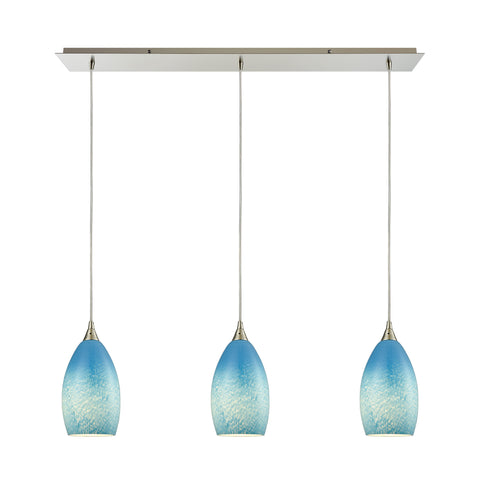 Earth 3 Light Pendant in Satin Nickel and Sky Blue Glass