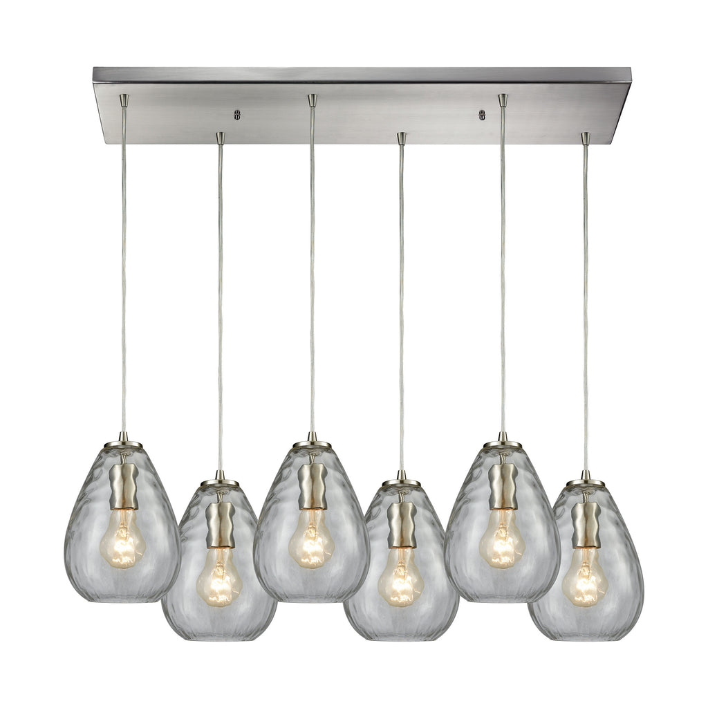 Lagoon 6-Light Rectangle in Satin Nickel with Clear Water Glass Pendant