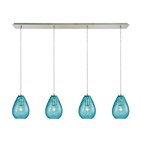 Lagoon 4-Light Linear Pan in Satin Nickel with Aqua Water Glass Pendant