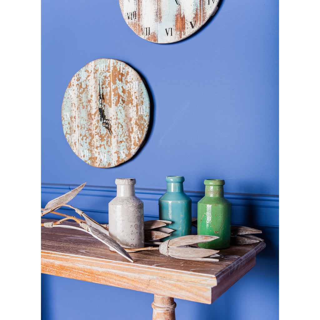 Wooden Roman Numeral Outdoor Wall Clock in Below Light Blue