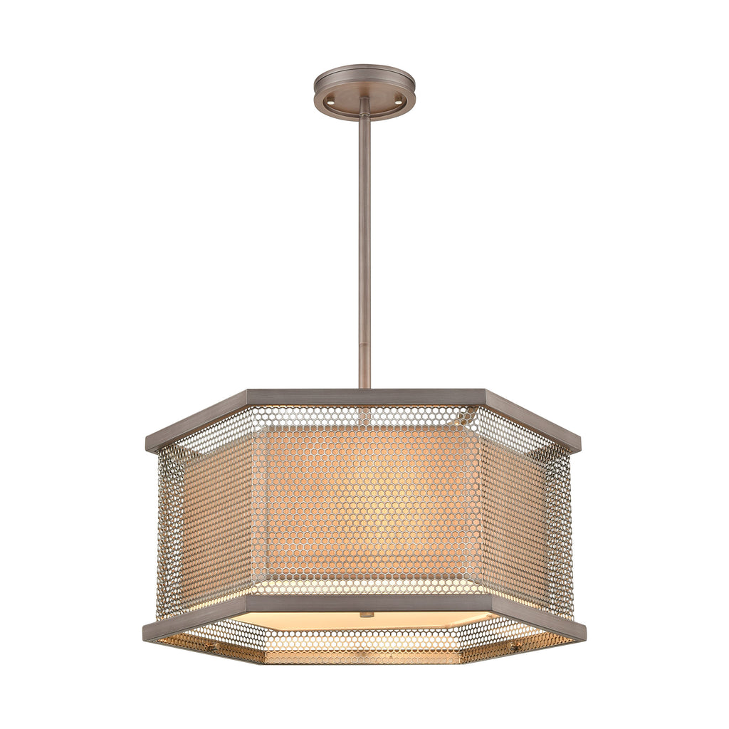 Crestler 3-Light Chandelier in Weathered Zinc and Polished Nickel Mesh with Beige Fabric Shade