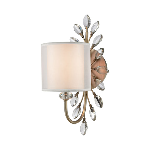 Asbury 1-Light Vanity Light in Aged Silver with White Fabric Shade Inside Silver Organza Shade