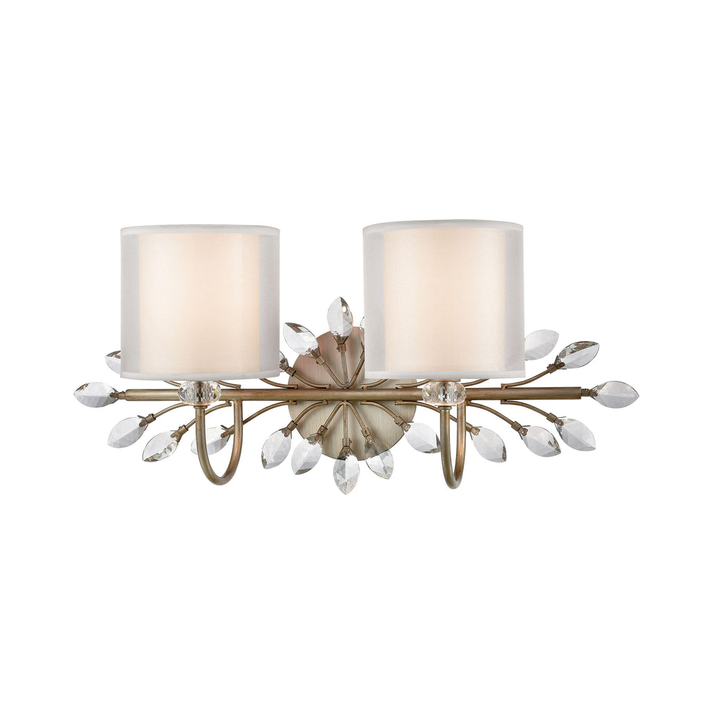 Asbury 2-Light Vanity Light in Aged Silver with White Fabric Shade Inside Silver Organza Shade