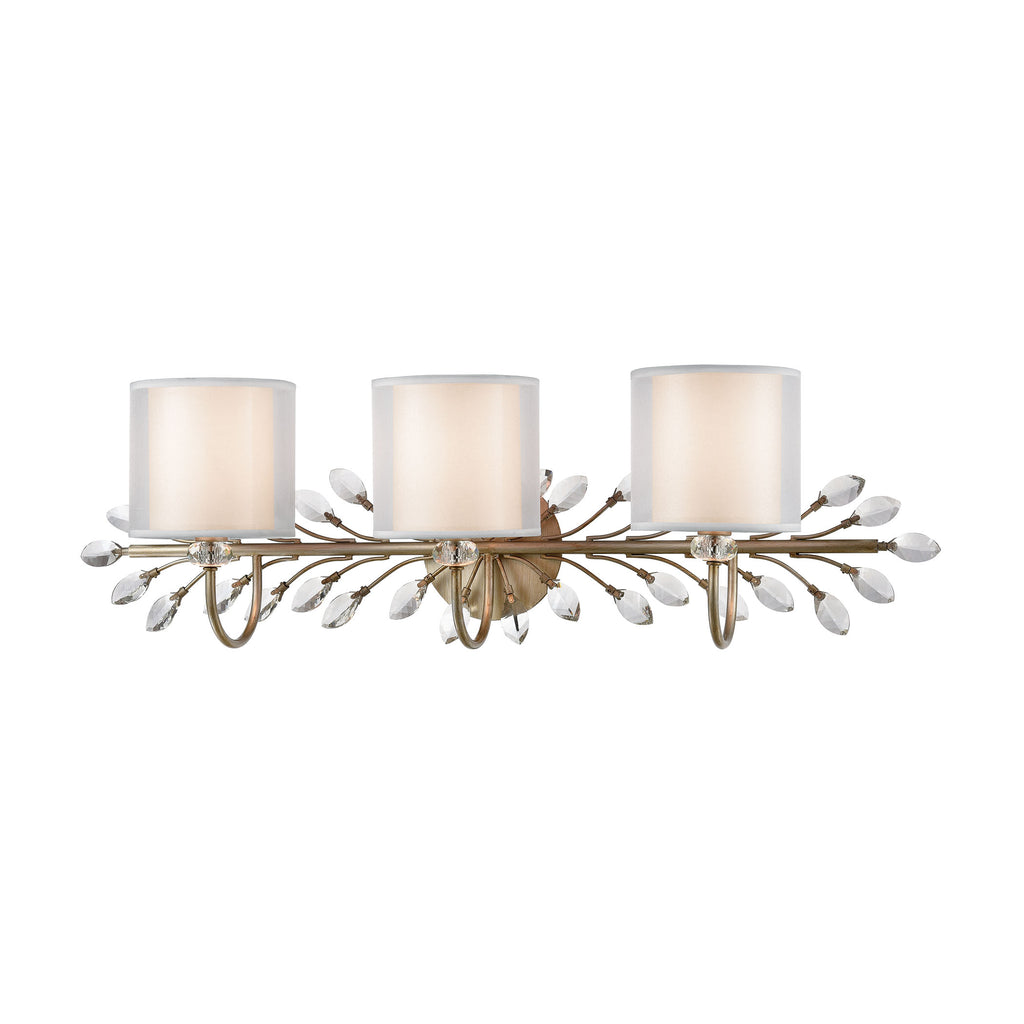 Asbury 3-Light Vanity Light in Aged Silver with White Fabric Shade Inside Silver Organza Shade