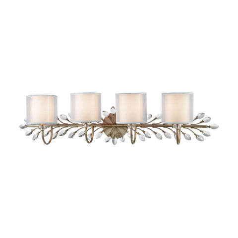 Asbury 4-Light Vanity Light in Aged Silver with White Fabric Shade Inside Silver Organza Shade