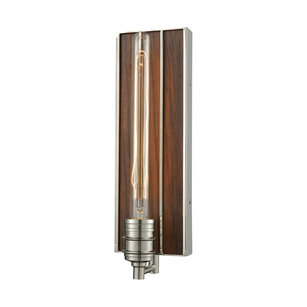 Brookweiler 1 Light Wall Sconce in Polished Nickel with Dark Wood Backplate