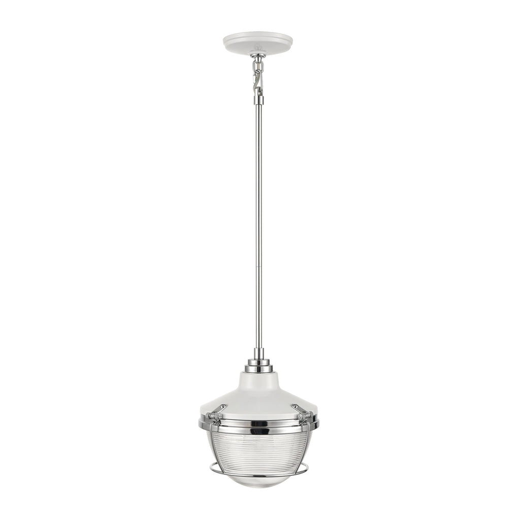 Seaway Passage 1-Light Mini Pendant in White and Polished Nickel with Clear Ribbed Glass