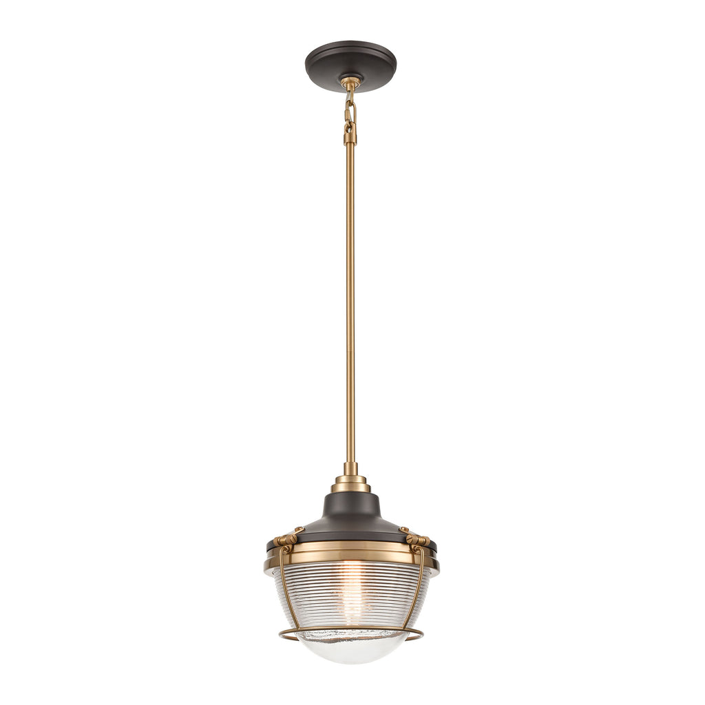 Seaway Passage 1-Light Mini Pendant in Oil Rubbed Bronze and Satin Brass with Clear Ribbed Glass