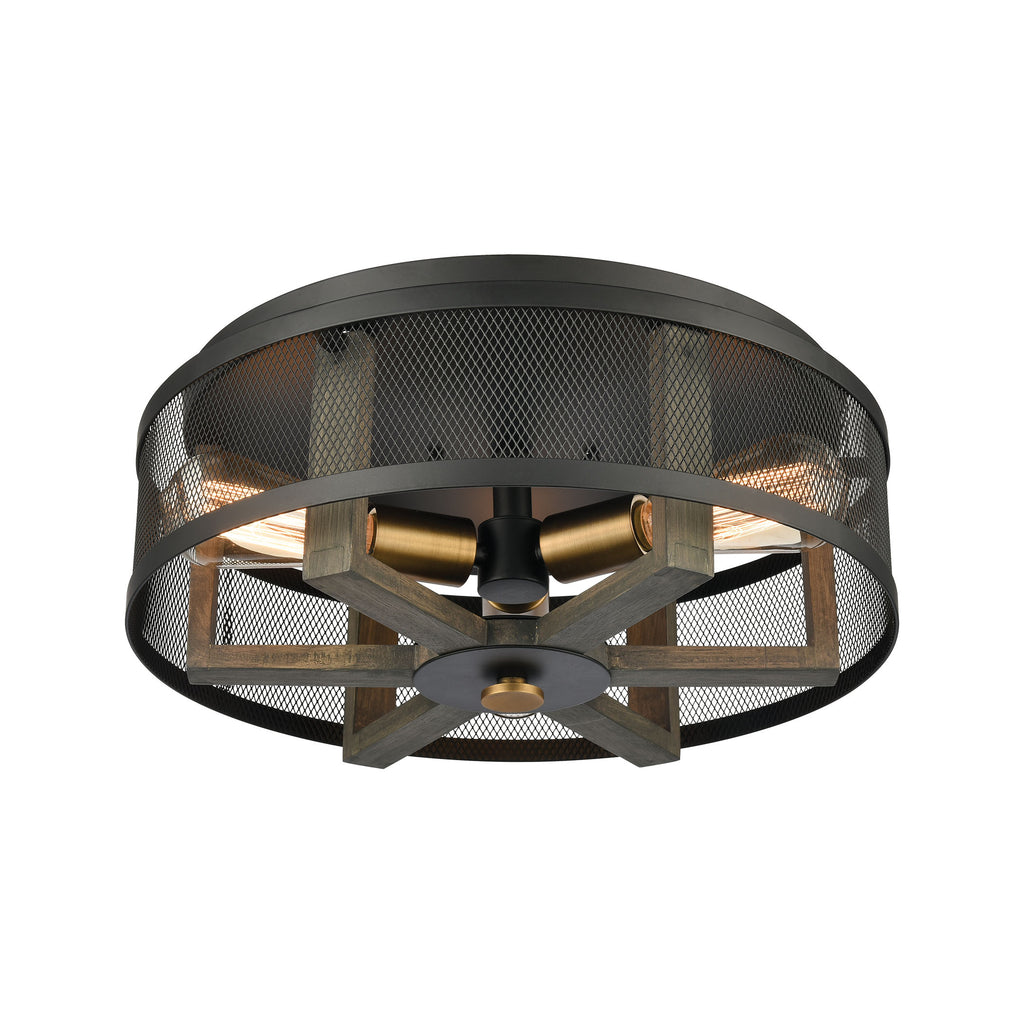 Woodbridge 3-Light Flush Mount in Weathered Oak and Aged Brass with Matte Black Metal Mesh