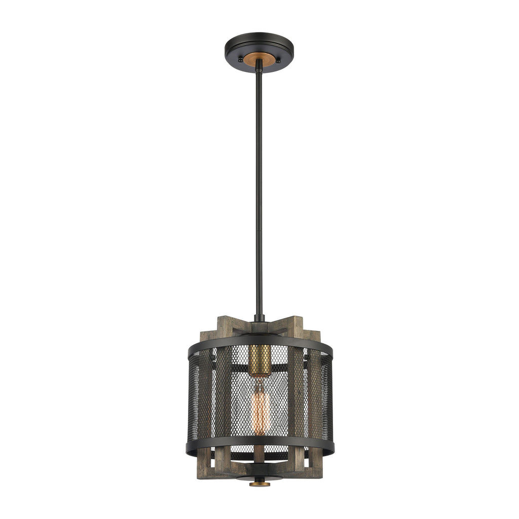 Woodbridge 1-Light Mini Pendant in Weathered Oak and Aged Brass with Matte Black Metal Mesh