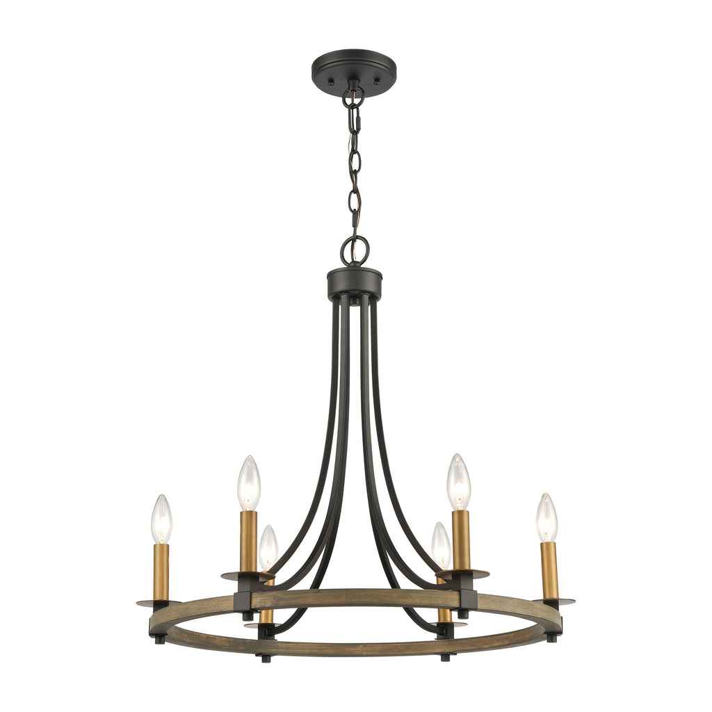 Woodbridge 6-Light Chandelier in Matte Black, Weathered Oak, and Aged Brass