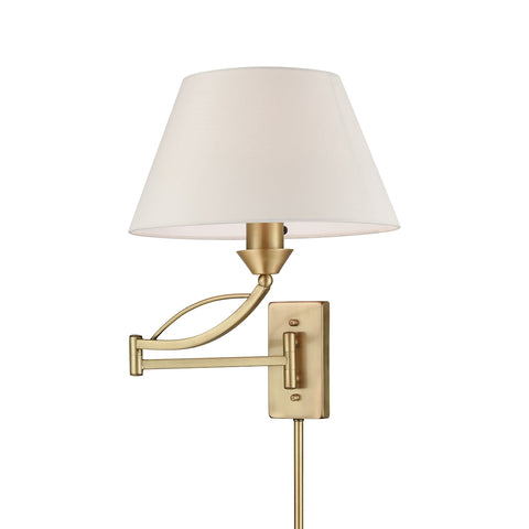 Elysburg 1 Light Swingarm in French Brass with Off-White Fabric Shade