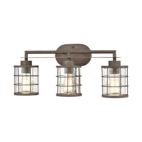 Gilbert 3-Light Vanity Light in Rusted Coffee and Light Wood with Seedy Glass