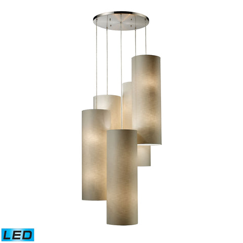 Fabric Cylinder 20-Light Pendant in Satin Nickel with 5 Beige Fabric Drum Shades - LED