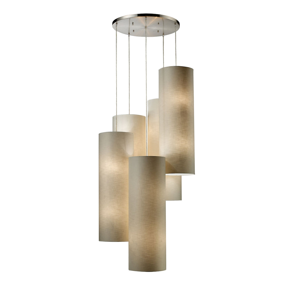 Fabric Cylinder 20-Light Pendant in Satin Nickel with 5 Beige Fabric Drum Shades