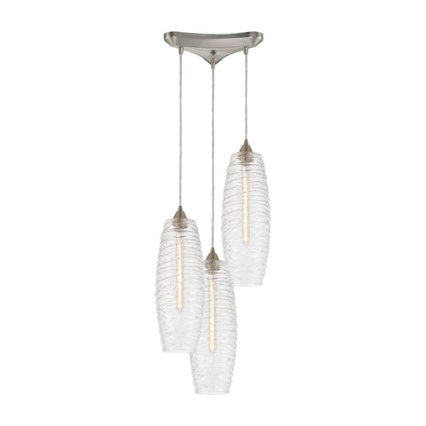 Liz 3-Light Pendant in Satin Nickel with Clear Glass with Ribbed Swirls