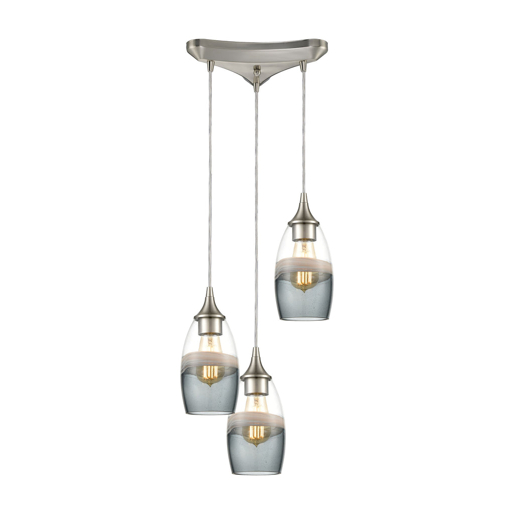 Sutter Creek 3-Light Pendant in Satin Nickel with Clear, Grey, and Smoke Seedy Glass