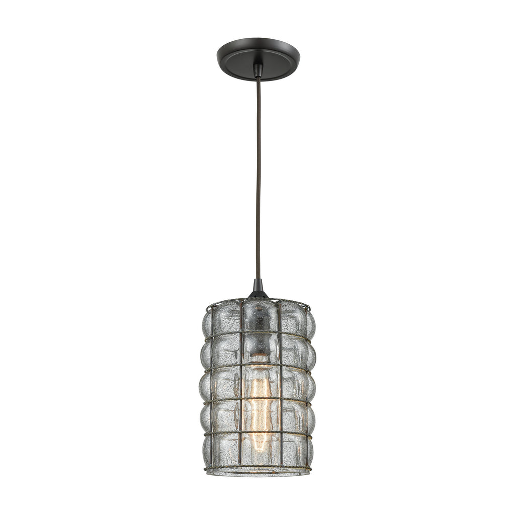 Murieta 1-Light Mini Pendant in Oiled Bronze with Wire Cage and Speckled Seedy Glass                 