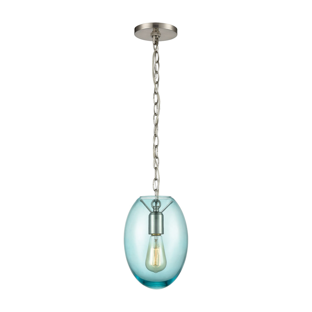 Ellipsa 1-Light Mini Pendant in Satin Nickel with Light Blue Glass