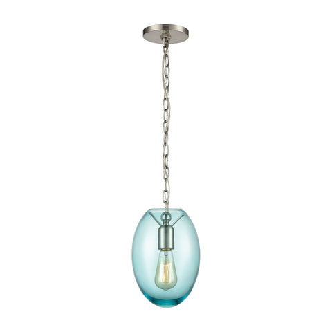 Ellipsa 1-Light Mini Pendant in Satin Nickel with Light Blue Glass