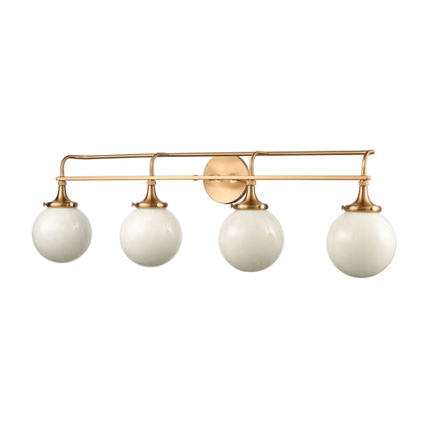 Beverly Hills 4-Light Vanity Light in Satin Brass with White Feathered Glass