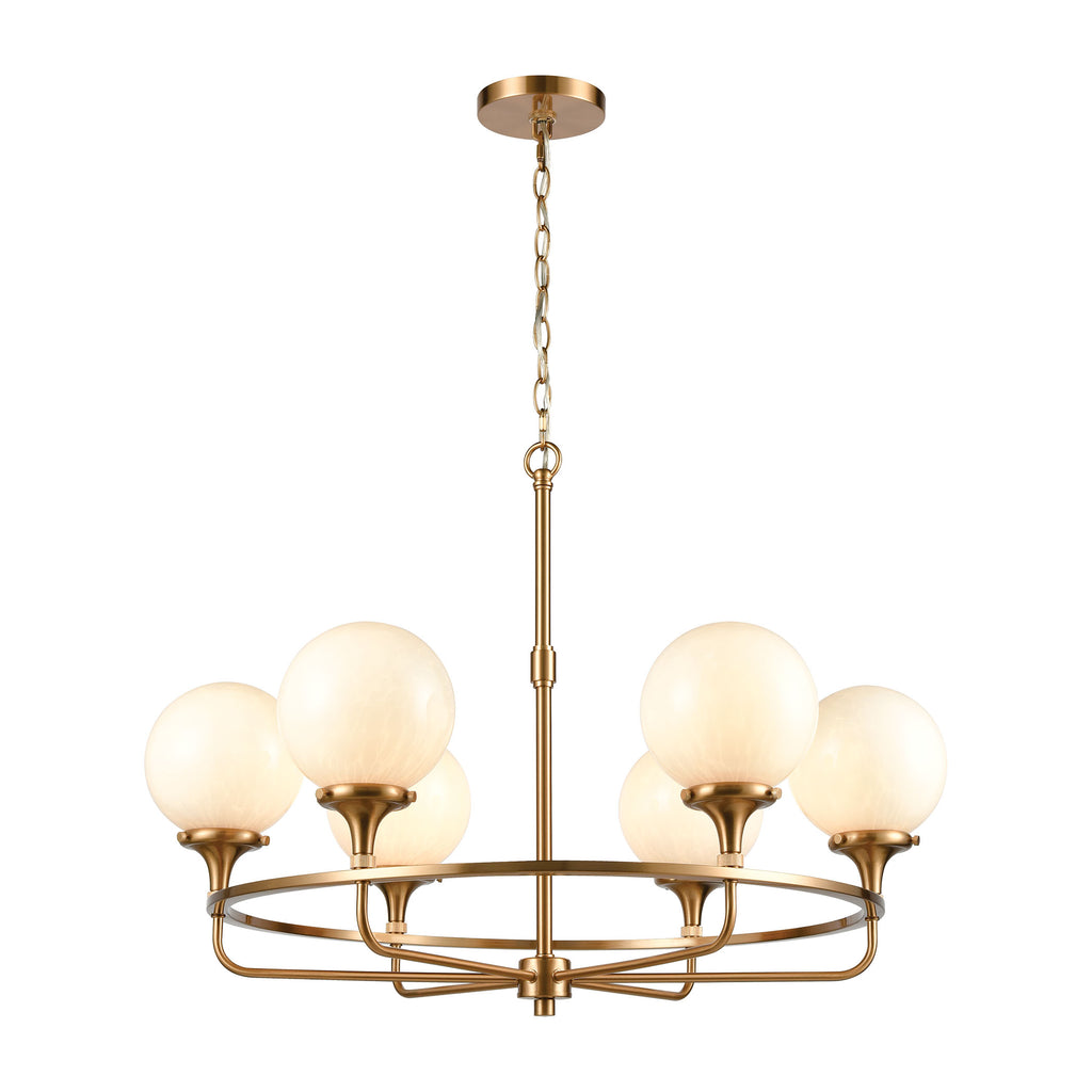 Beverly Hills 6-Light Chandelier in Satin Brass with White Feathered Glass