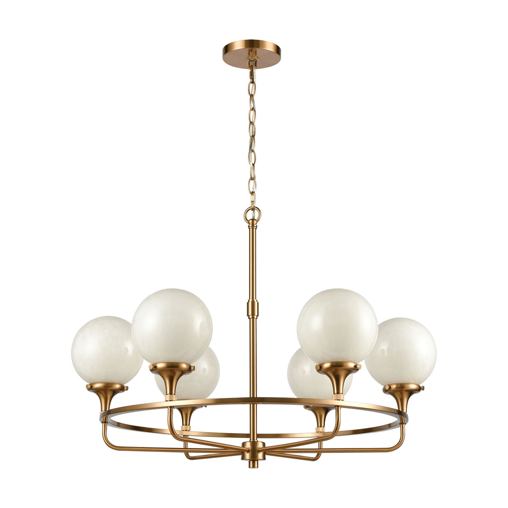 Beverly Hills 6-Light Chandelier in Satin Brass with White Feathered Glass