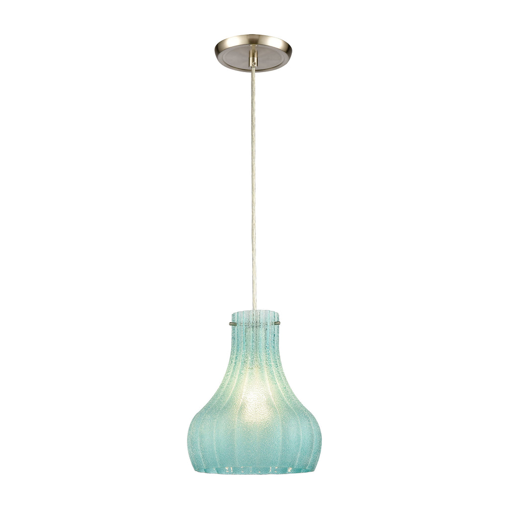 Coastal Scallop 1-Light Mini Pendant in Satin Nickel with Seafoam Sugar Scavo Glass
