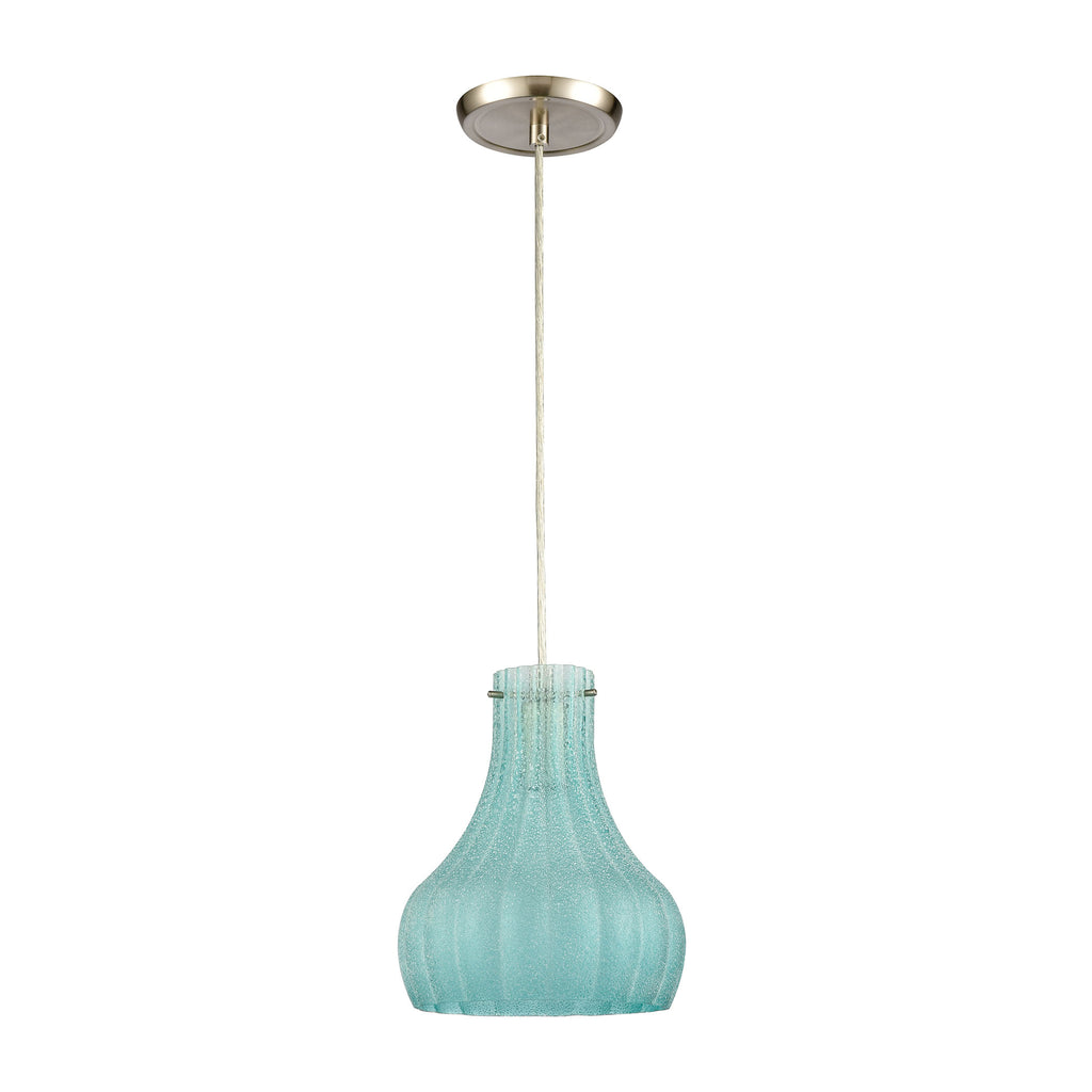 Coastal Scallop 1-Light Mini Pendant in Satin Nickel with Seafoam Sugar Scavo Glass