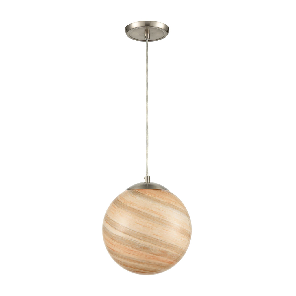 Planetario 1-Light Mini Pendant in Satin Nickel with Swirling Beige and Tan Glass