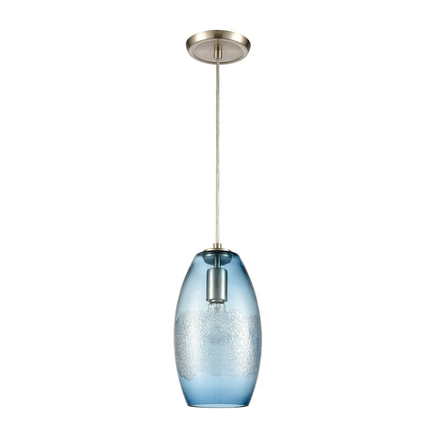 Ebbtide 1-Light Mini Pendant in Satin Nickel with Aqua Blue and Lightly Textured Glass