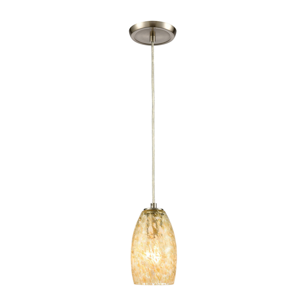 Golden Pasture 1-Light Mini Pendant in Satin Nickel with Gold and Amber Mottled Glass