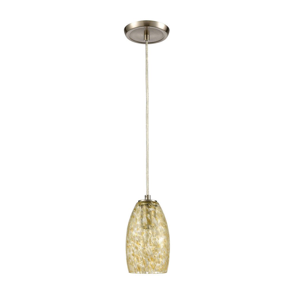 Golden Pasture 1-Light Mini Pendant in Satin Nickel with Gold and Amber Mottled Glass
