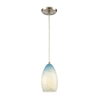 Planetario 1-Light Mini Pendant in Satin Nickel with Swirling Blue and White glass