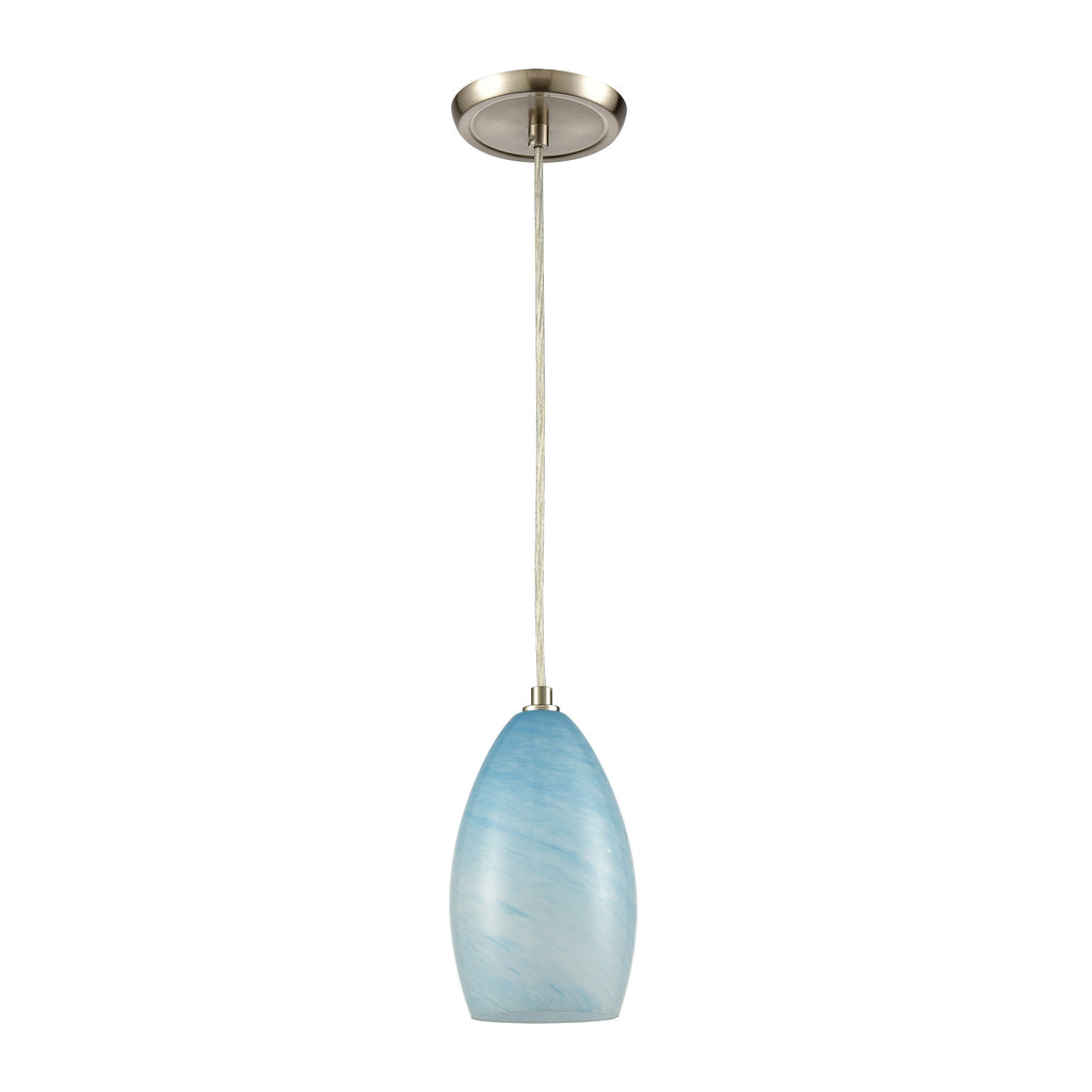 Planetario 1-Light Mini Pendant in Satin Nickel with Swirling Blue and White glass