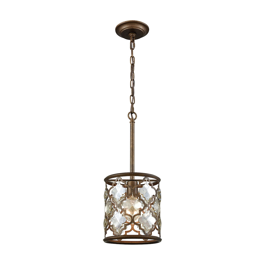 Armand 1 Light Pendant in Weathered Bronze with Champagne Plated Crystal