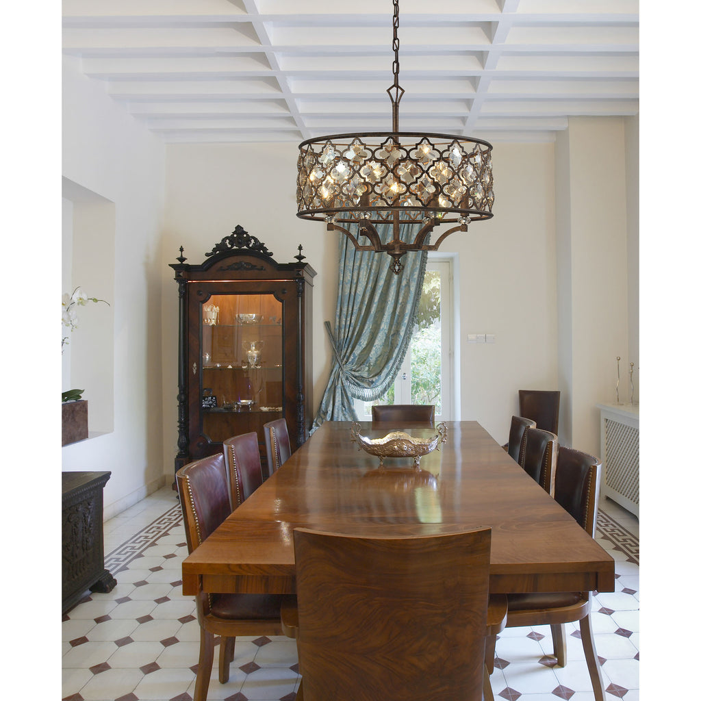 Armand 6-Light Chandelier in Weathered Bronze with Amber Teak Crystals and Metal Shade
