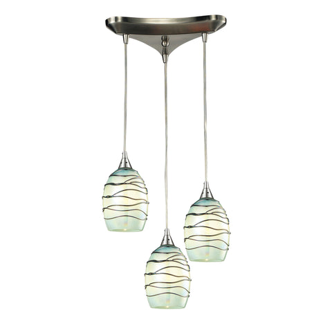 Vines 10'' Wide 3-Light Pendant - Satin Nickel with Mint Glass