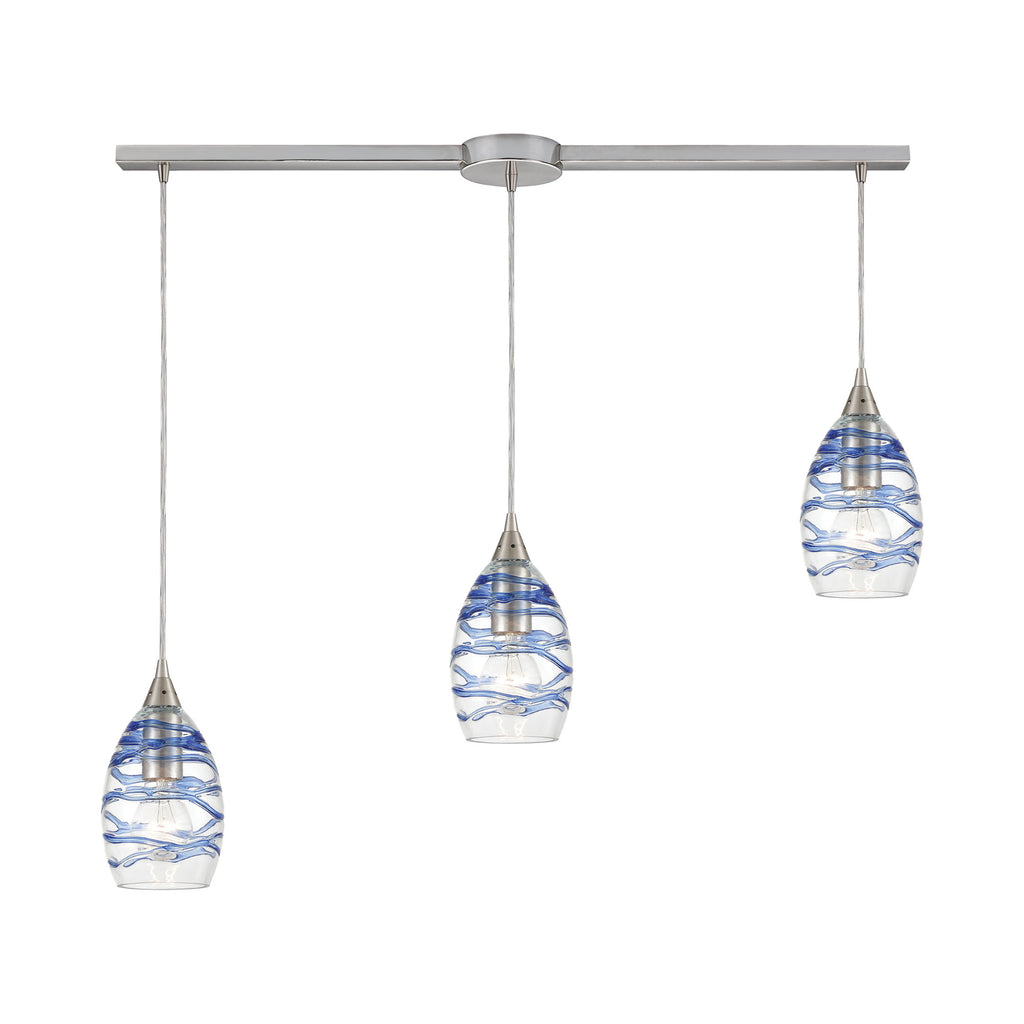 Vines 3-Light Pendant in Satin Nickel with Clear Glass with Aqua Blue Strip